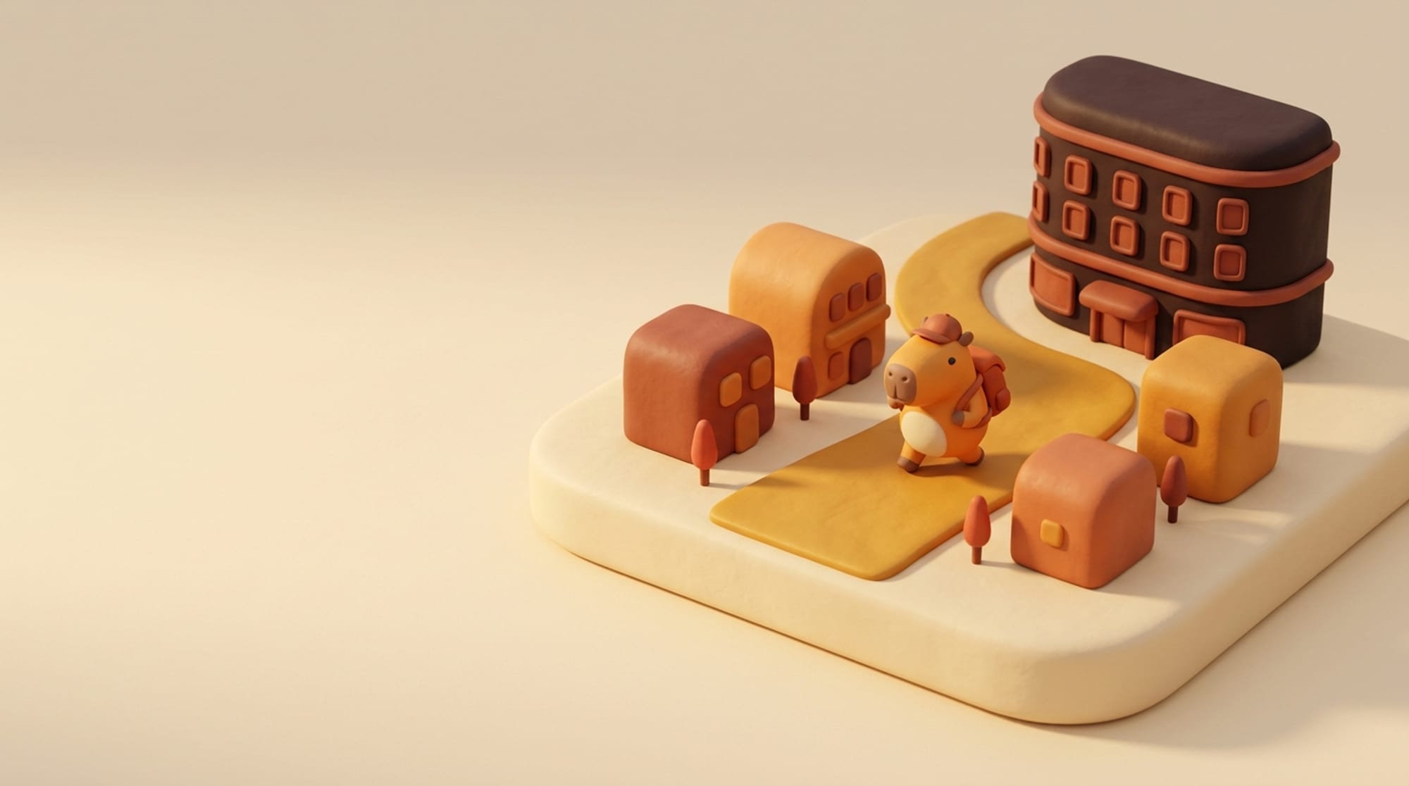 A small clay street on a plinth with a hotel at one end, a golden route curving past pinned buildings, and the capybara walking it mid stride.