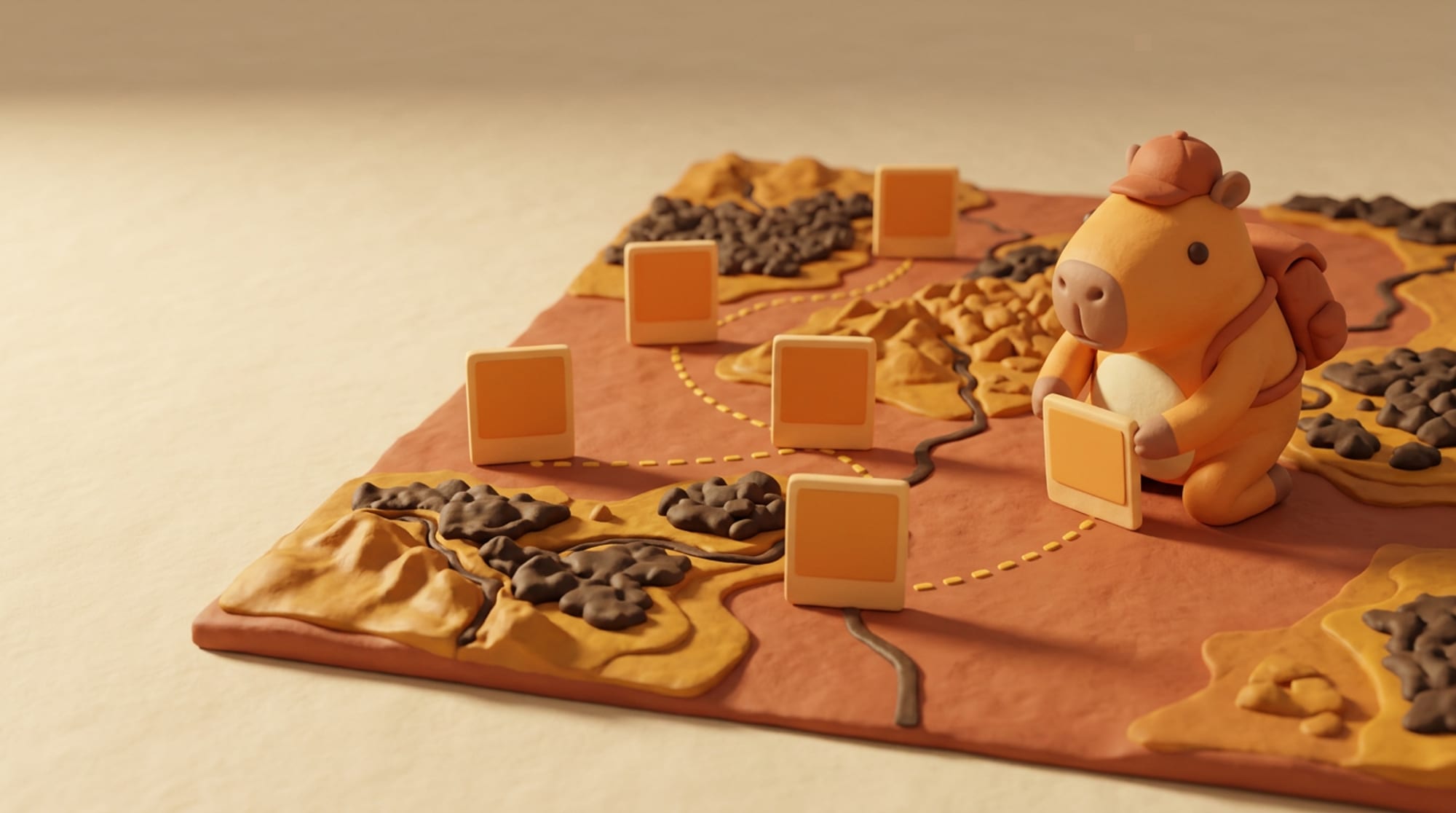 A large clay map with photo tiles standing at points along a dotted route, and the capybara pressing one more into place.