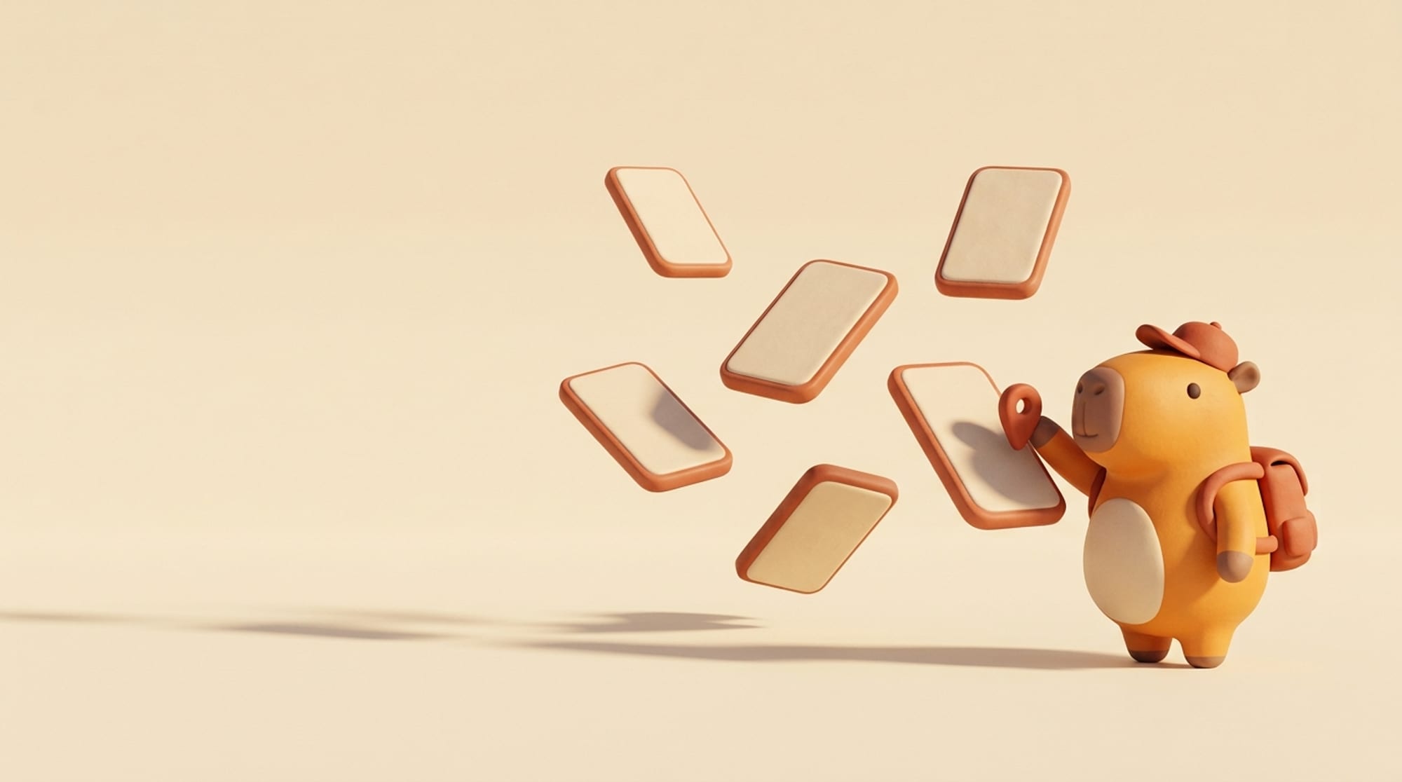 Six blank clay slabs floating apart like separate phone screens, with the capybara lifting a pin out of the nearest one.