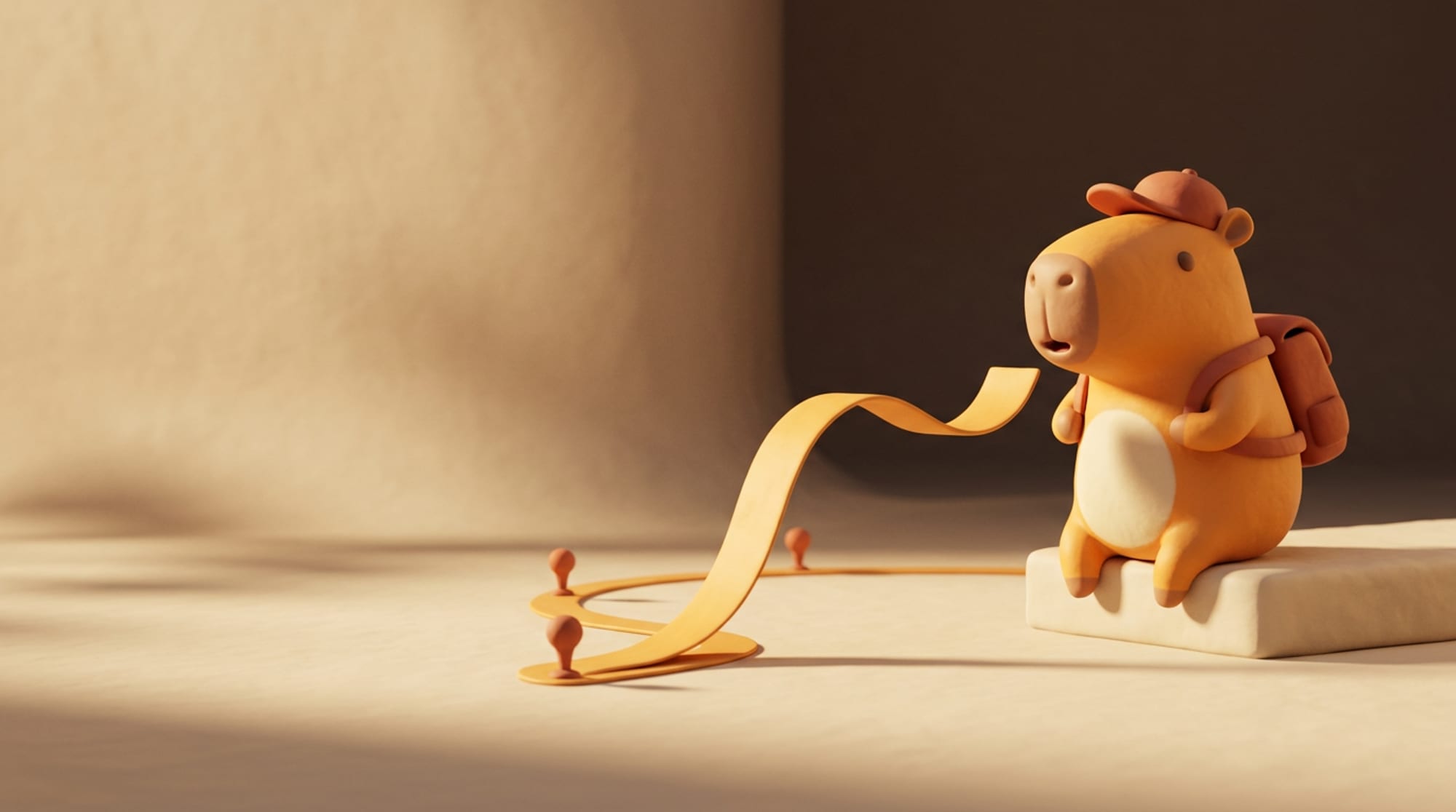 The capybara sitting on a block, speaking, as a golden ribbon unrolls into a route line dotted with pins.